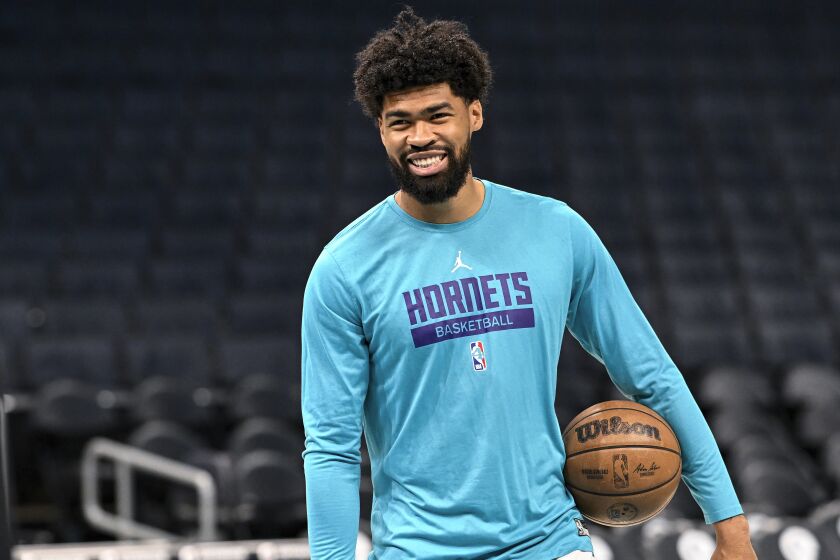 Charlotte Hornets center Nick Richards looks on prior to an NBA basketball game against the Indiana Pacers, Monday, March 20, 2023, in Charlotte, N.C. (AP Photo/Matt Kelley)