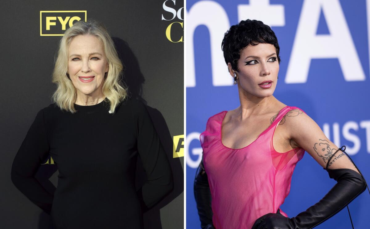(L) Catherine O’Hara wears a black dress and smiles. (R) Halsey wears a sheer pink gown and black opera-length gloves.  
