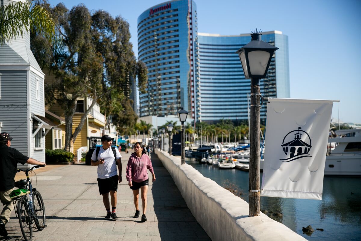 As part of their overhaul, Seaport Village boasts a new logo, as seen on this banner on November 26, 2019 in San Diego, California. Parts of Seaport Village are currently under renovation.