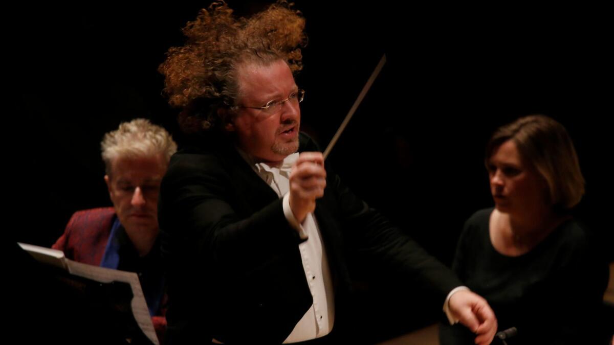 French conductor Stéphane Denève, who conducted at the Hollywood Bowl on Tuesday, is seen here at Walt Disney Concert Hall earlier this year in March.