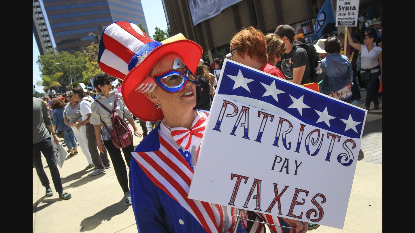 Debbie Boyd wears a patriotic costume during the San Diego Tax March.