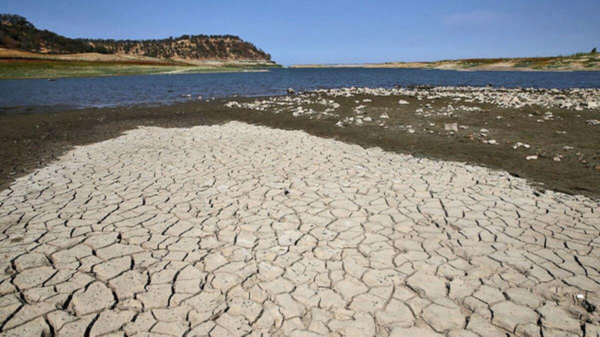 Cracked earth is visible on what used to be the bottom of the Camanche Reservoir on Aug. 8 in Ione, Calif.