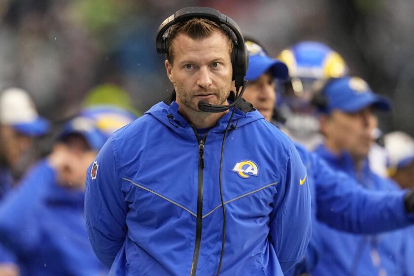 Los Angeles Rams head coach Sean McVay walks the sideline during the second half.