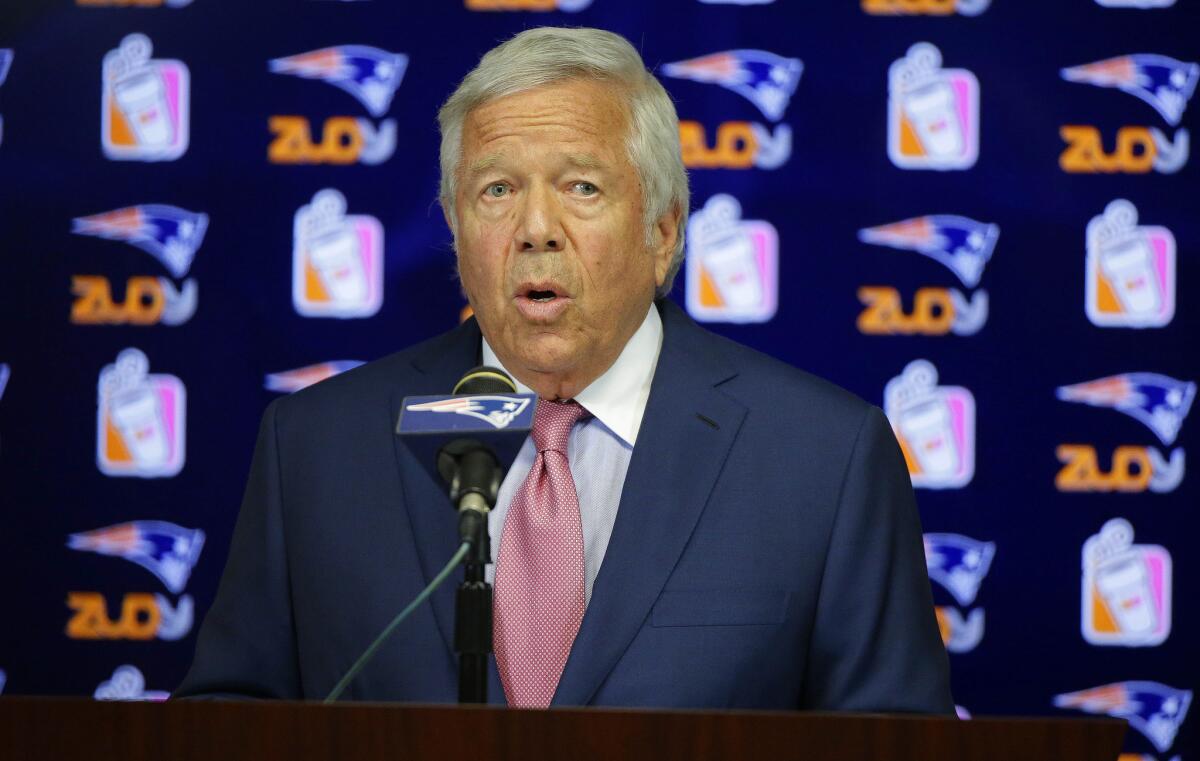 New England Patriots owner Robert Kraft speaks to reporters on July 29, 2015.
