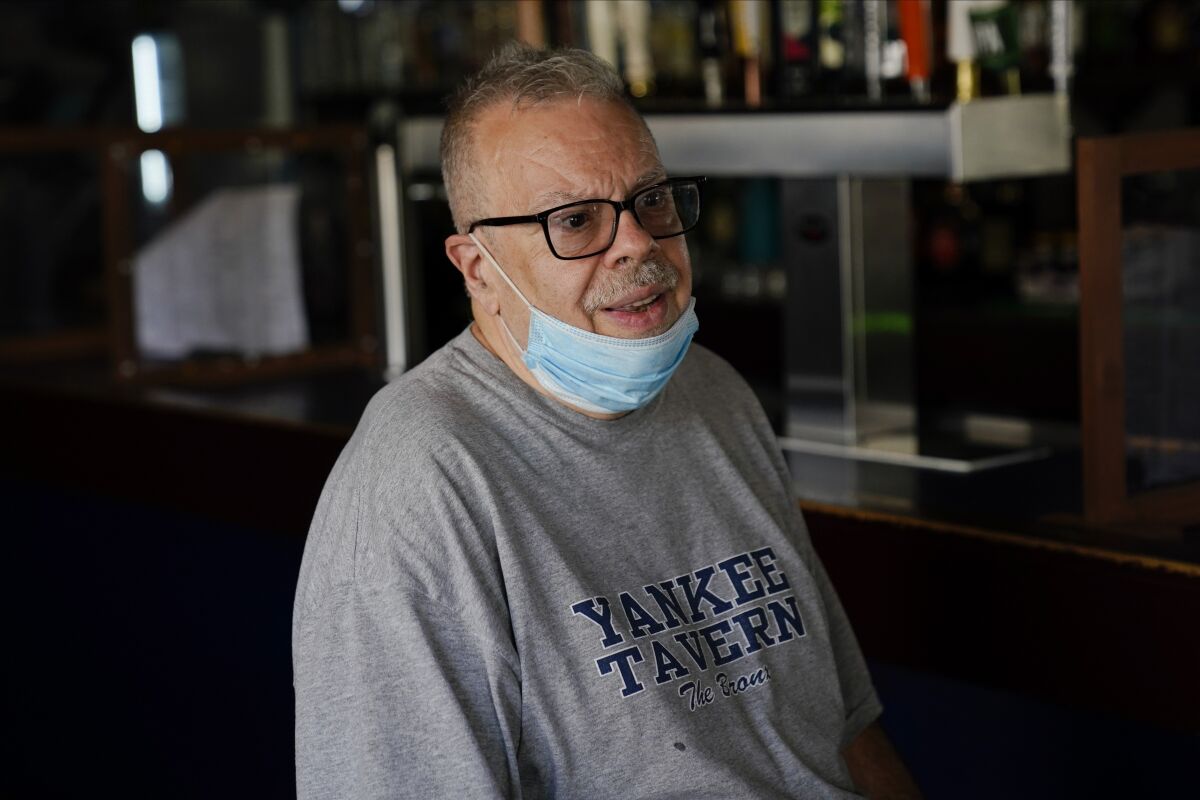 Joe Bastone, owner of Yankee Tavern, responds to questions during an interview Friday, Aug. 14, 2020, in New York. (AP Photo/Frank Franklin II)