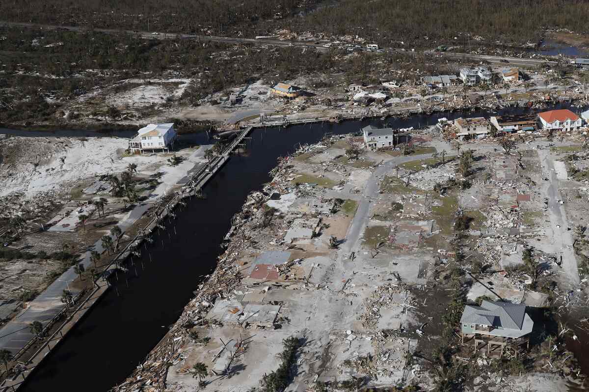 Aerial view of debris field and a few houses standing from Hurricane Michael along a water body.