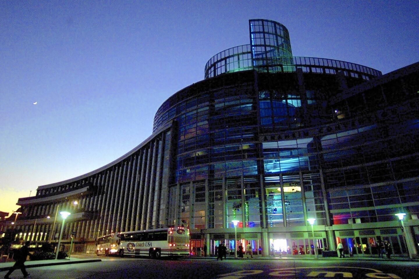 The Anaheim Convention Center at night in a photo taken in 2003.
