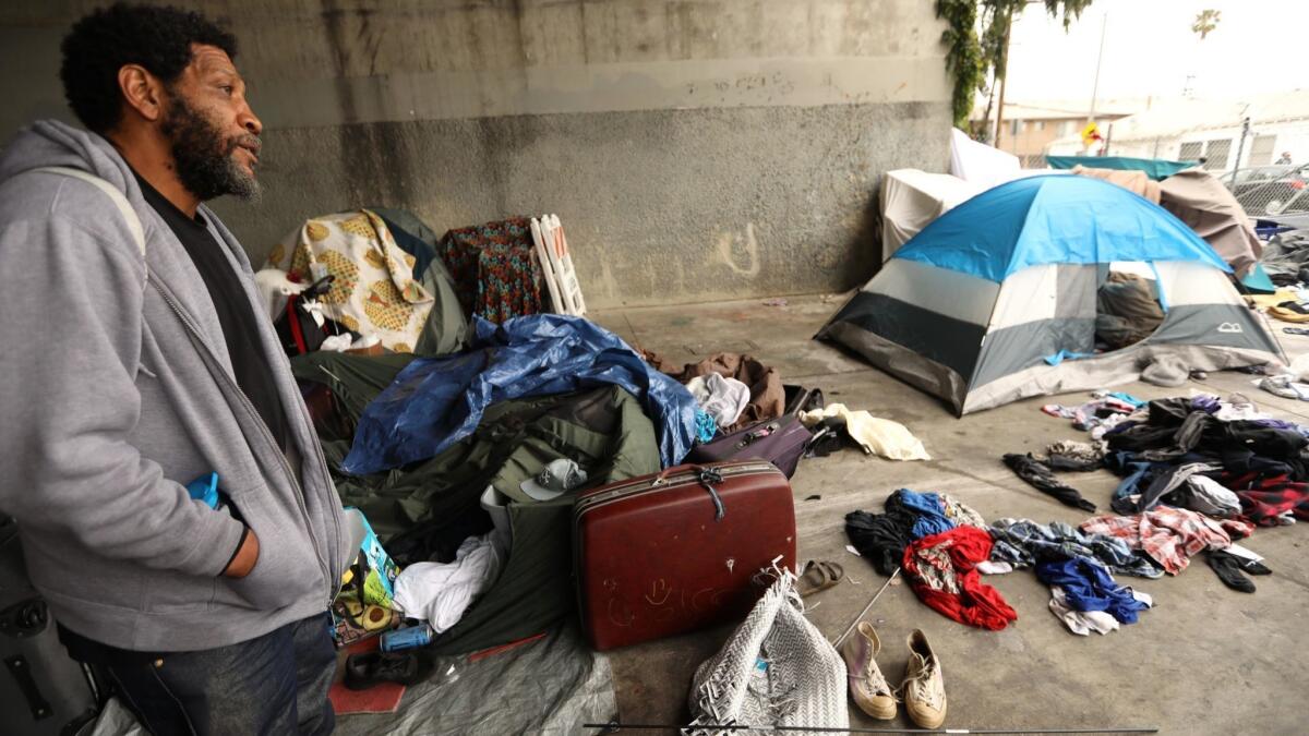 Roscoe Bradley is one of about 25 homeless people who live in an encampment beneath the 405 Freeway on Venice Boulevard in Los Angeles.