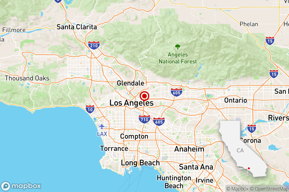 Map of Los Angeles area showing epicenter of earthquake.