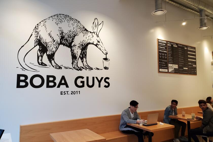 Interior with logo at the trendy Boba Guys bubble tea cafe in San Ramon, California, January 2, 2020. (Photo by Smith Collection/Gado/Getty Images)
