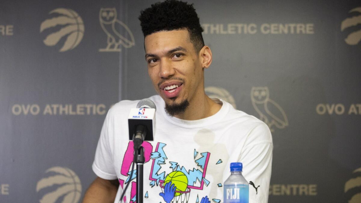 Danny Green takes questions from the media during a news conference following the Raptors' championship-clinching win on June 16, 2019.