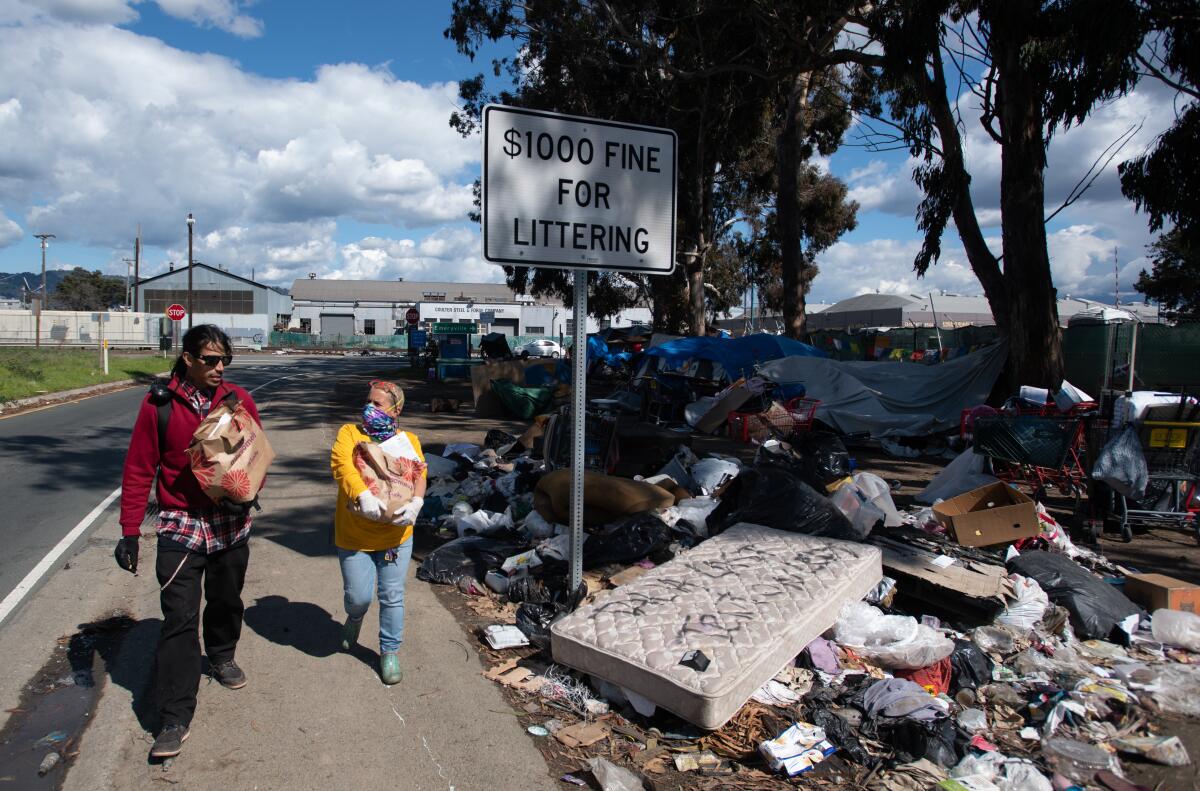 Homeless encampment along a freeway in Emeryville