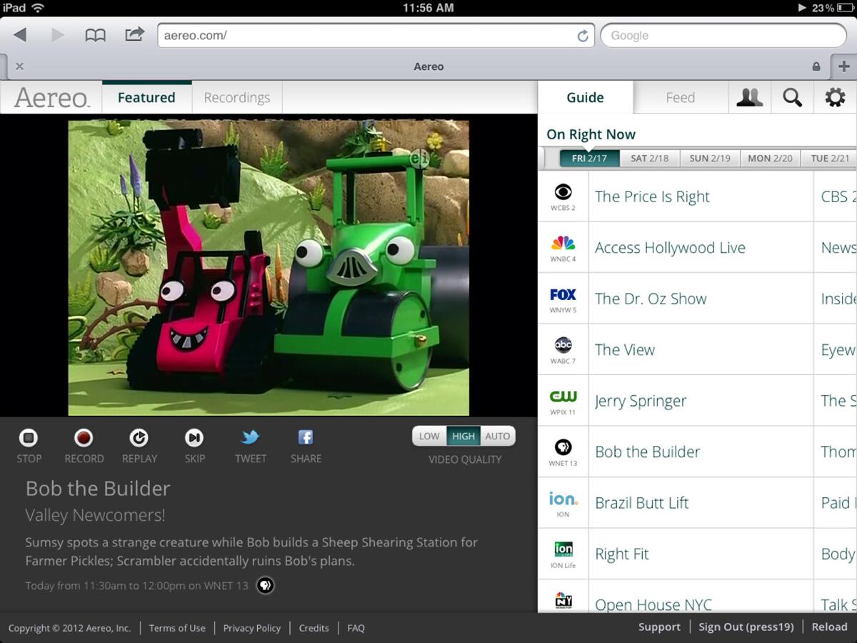 This file image provided by Aereo shows a streaming broadcast of Bob the Builder on the New York PBS station, WNET 13.
