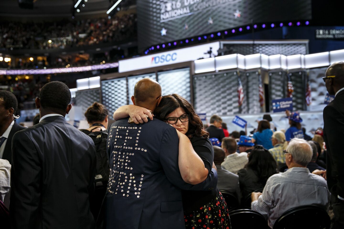Delegates embrace each other 2016 Democratic National Convention in Philadelphia.