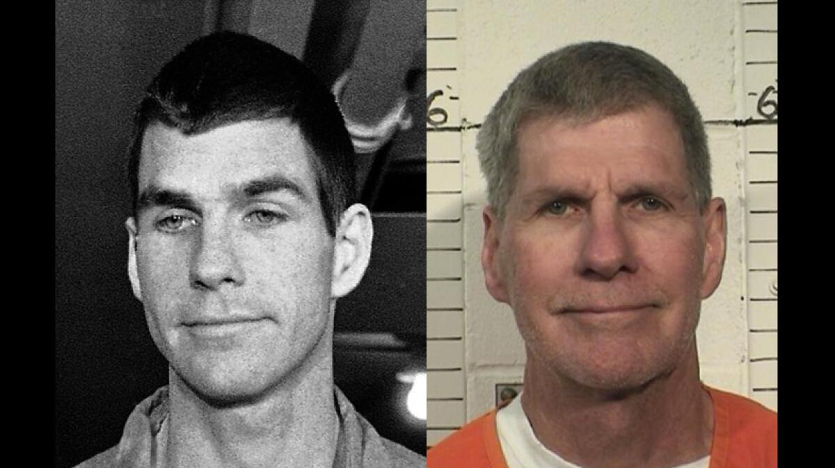 Charles "Tex" Watson arrives for court in a 1971 file photo, left. At right, a 2014 photo of Watson provided by the California Department of Corrections and Rehabilitation.