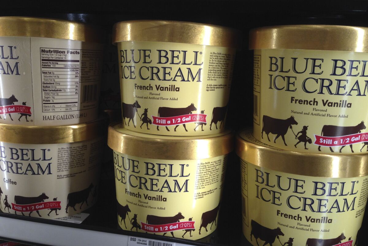 Blue Bell is recalling all its products. Above, Blue Bell ice cream at a grocery store in Lawrence, Kan., on April 10.