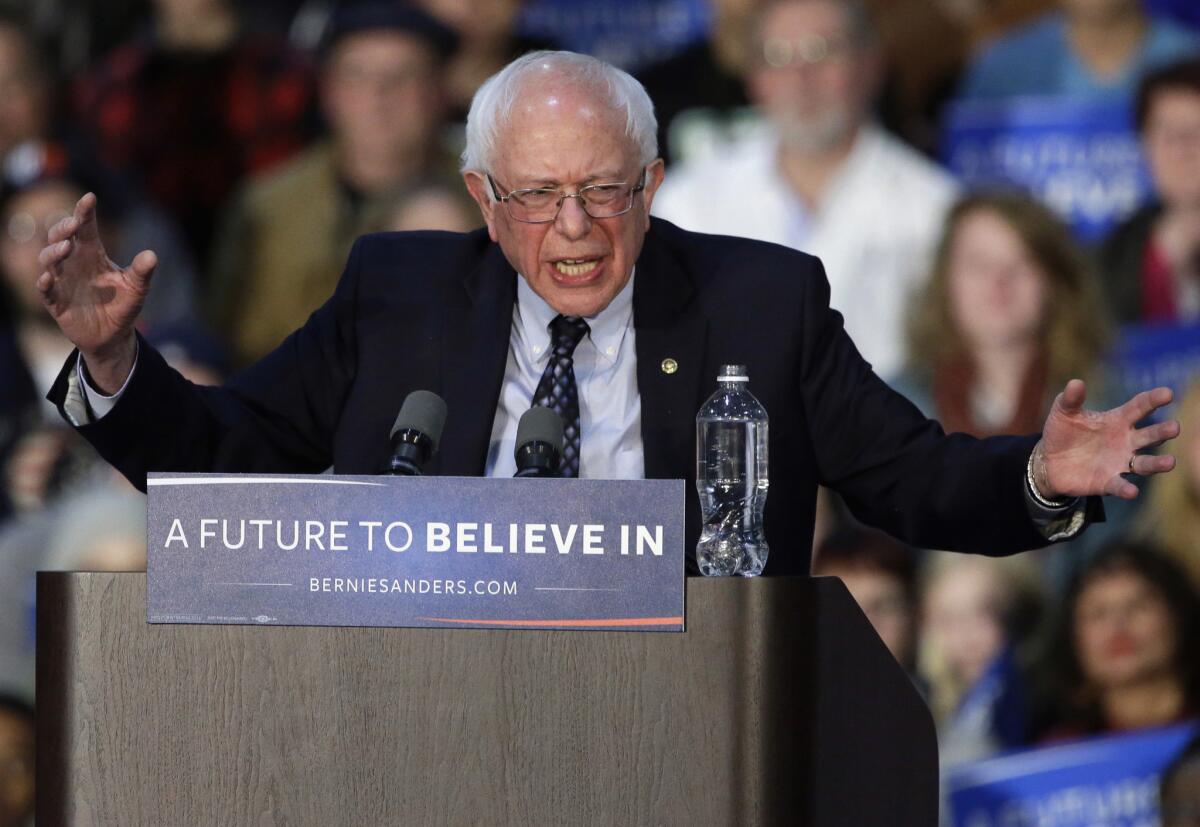 Sen. Bernie Sanders speaks during a rally at Grand Valley State University Field House Arena in Allendale, Mich., on March 4.