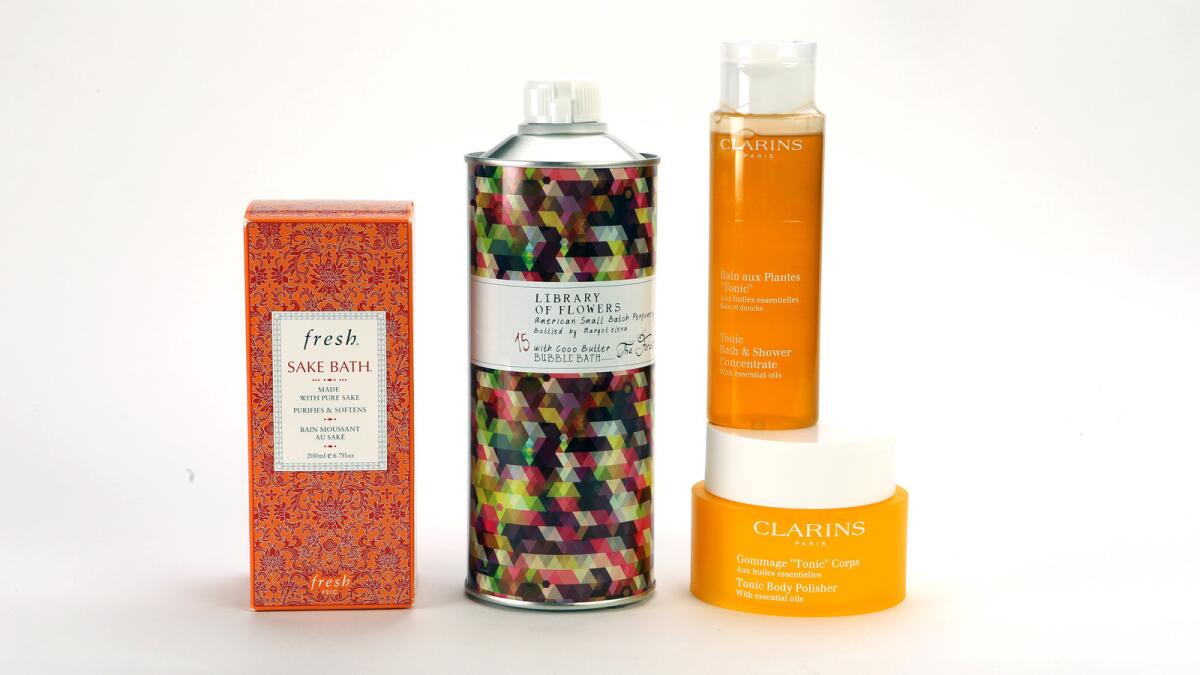Fresh's Sake Bath, Library of Flowers’ the Forest Bubble Bath, Clarins Tonic Body Treatment Oil and Tonic Daily Polisher.