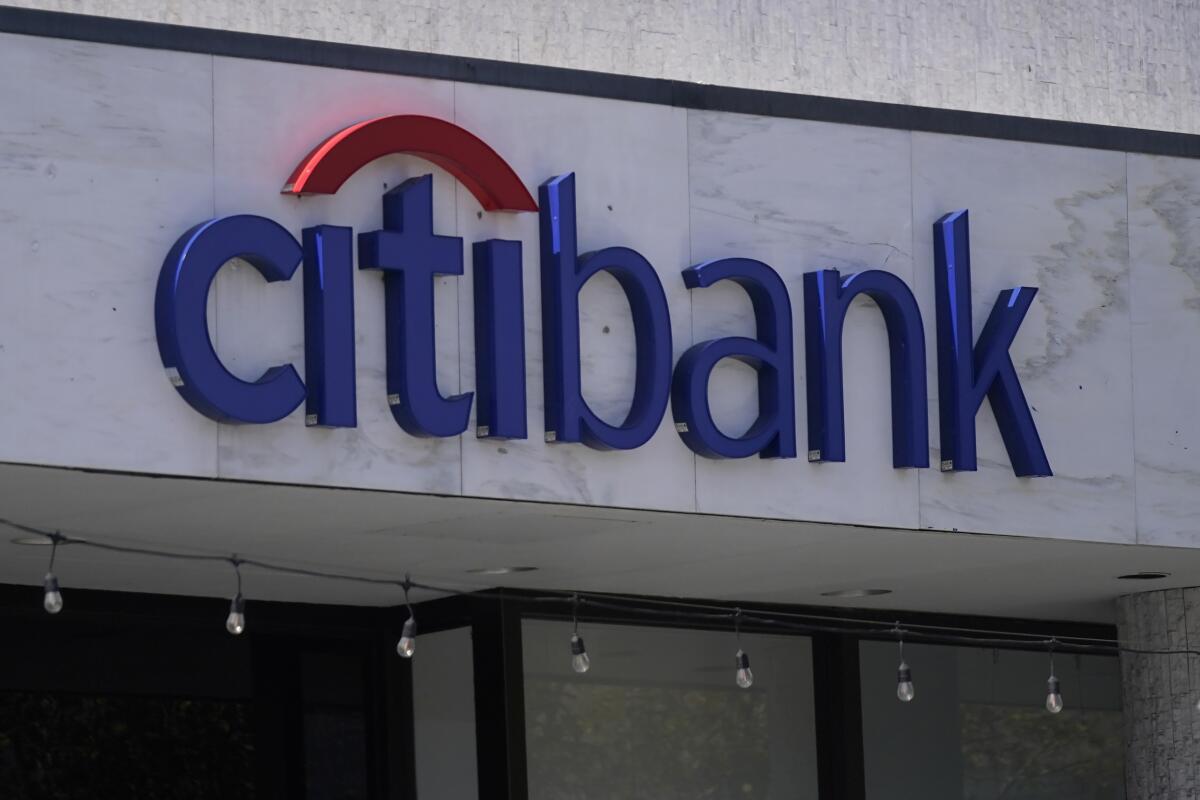 The sign to a Citibank location is shown in San Francisco, Tuesday, April 25, 2023. 
