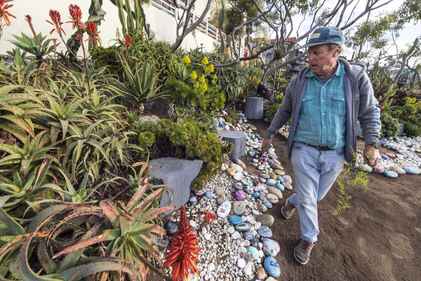 Encinitas resident Dave Dean cleans up the garden he's been maintaining since 2015, called Dave's Rock Garden.