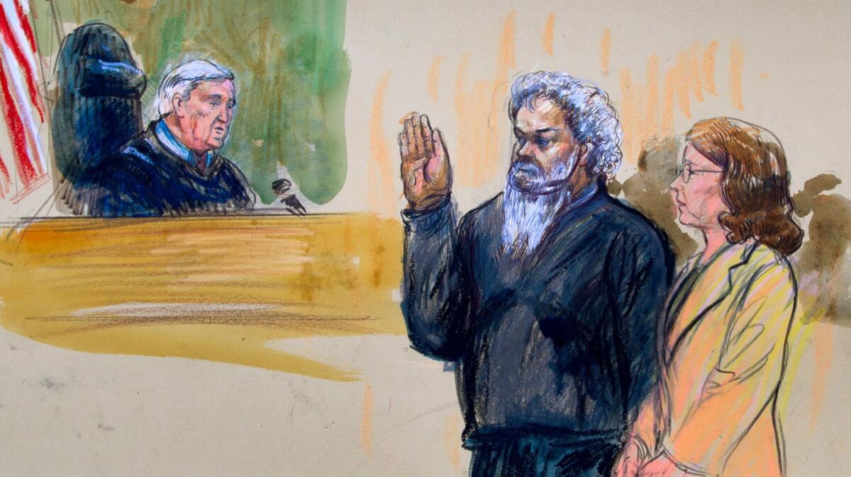 Ahmed Abu Khatallah, at his 2014 arraignment in Washington, is charged with 18 criminal counts, including murder and providing support to terrorists in the 2012 attacks.
