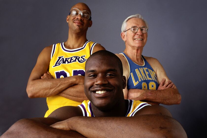 LOS ANGELES – 1996: Shaqille O'Neal @@#34, Kareem Abdul Jabbar @@#33 and George Mikan.