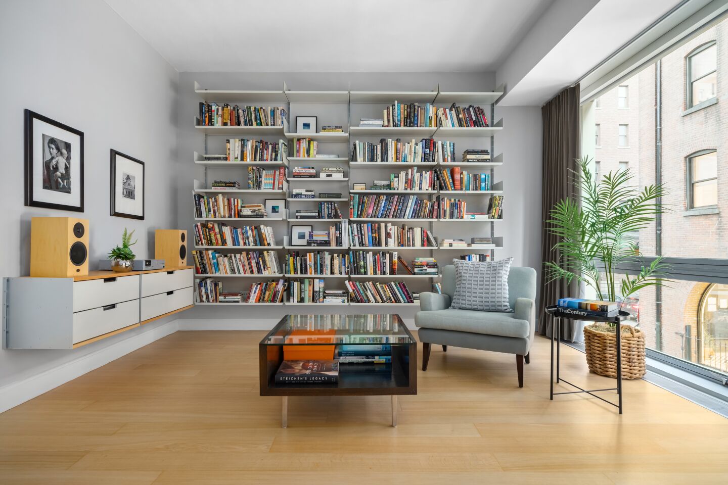 Office with a wall of bookshelves