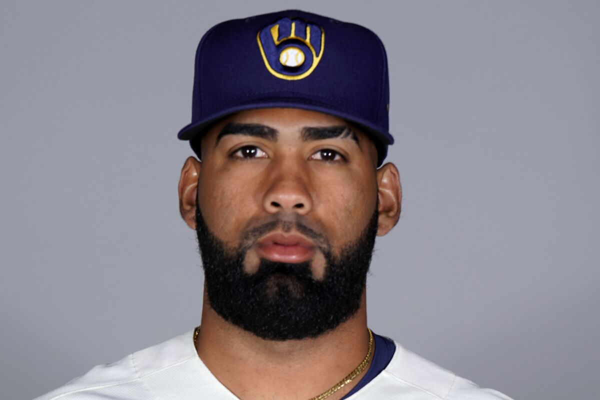 FILE - This is a 2022 photo of JC Mejia of the Milwaukee Brewers baseball team. Mejia was suspended for 80 games Tuesday, May 17, 2022, under Major League Baseball's drug program following a positive test for the performance-enhancing substance Stanozolol. (AP Photo/Rick Scuteri, File)