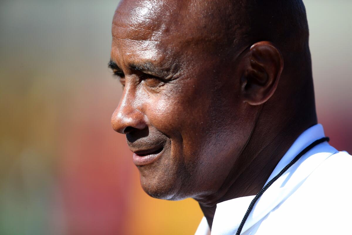 USC Athletic Director Lynn Swann watches the first day of fall training camp on Aug. 4 at Howard Jones Field.