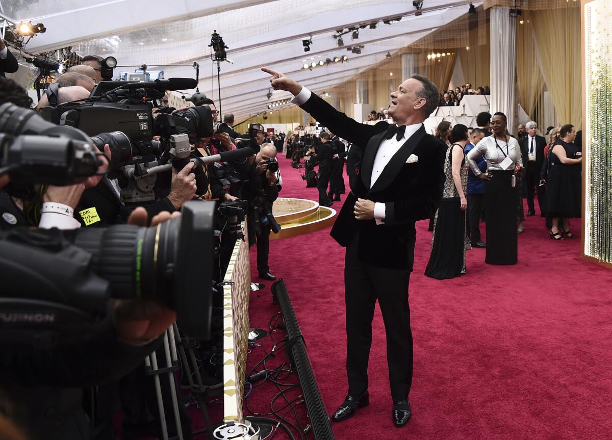 Tom Hanks arrives at the Oscars in Los Angeles on Feb. 9, 2020