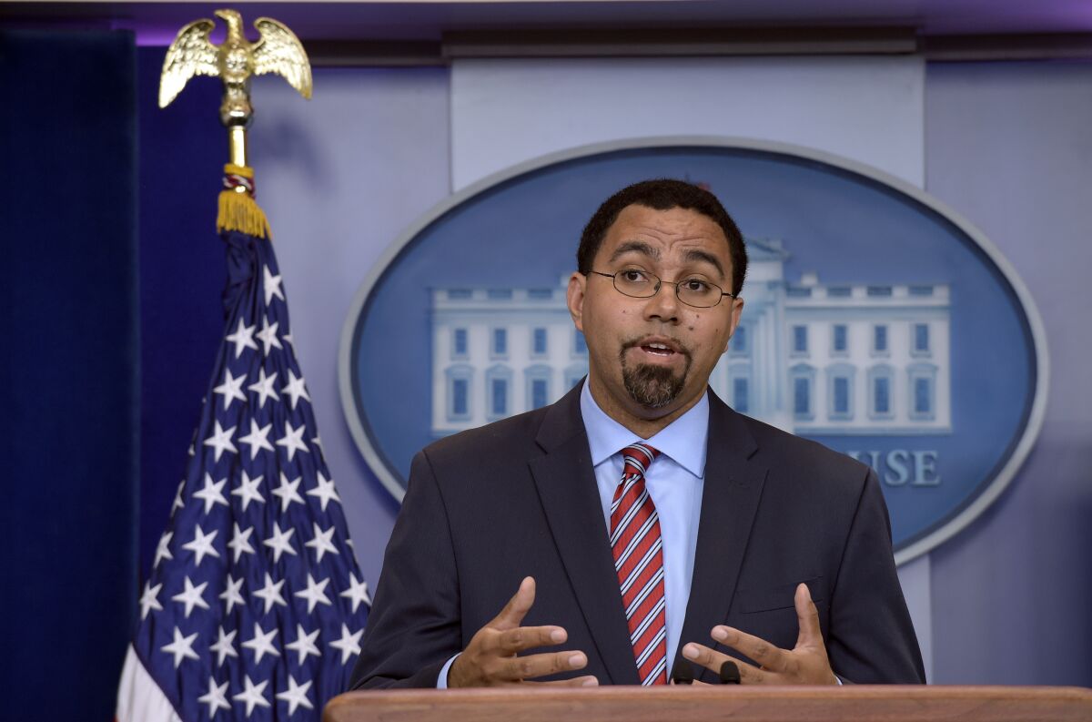FILE - Former Education Secretary John King speaks during the daily briefing at the White House in Washington, Thursday, Sept. 29, 2016. King has been appointed chancellor of the State University of New York, overseeing the state's public colleges, SUNY announced Monday, Dec. 5, 2022. King previously led New York's K-12 schools as state education commissioner. (AP Photo/Susan Walsh, File)