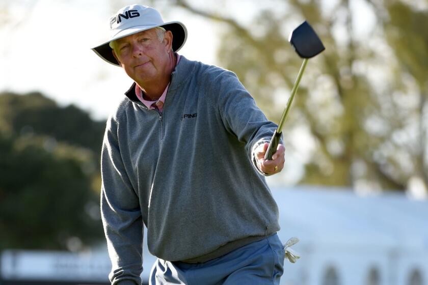 NEWPORT BEACH, CALIFORNIA - MARCH 10: Kirk Triplett sinks an eagle putt on the 18th green to win the Hoag Classic in a playoff at the Newport Beach Country Club on March 10, 2019 in Newport Beach, California. (Photo by Steve Dykes/Getty Images) ** OUTS - ELSENT, FPG, CM - OUTS * NM, PH, VA if sourced by CT, LA or MoD **