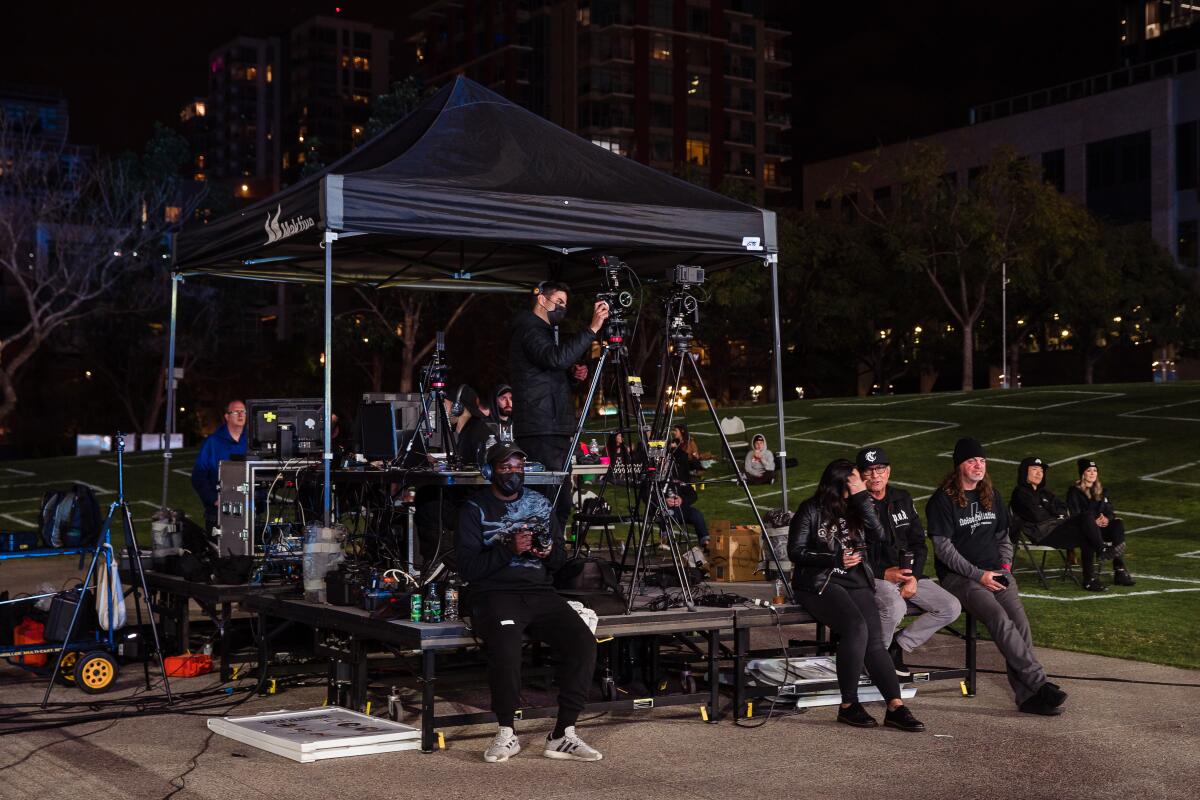 A view of some of the camera crew while filming P.O.D (Payable on Death) at Petco Park on April 14, 2021.