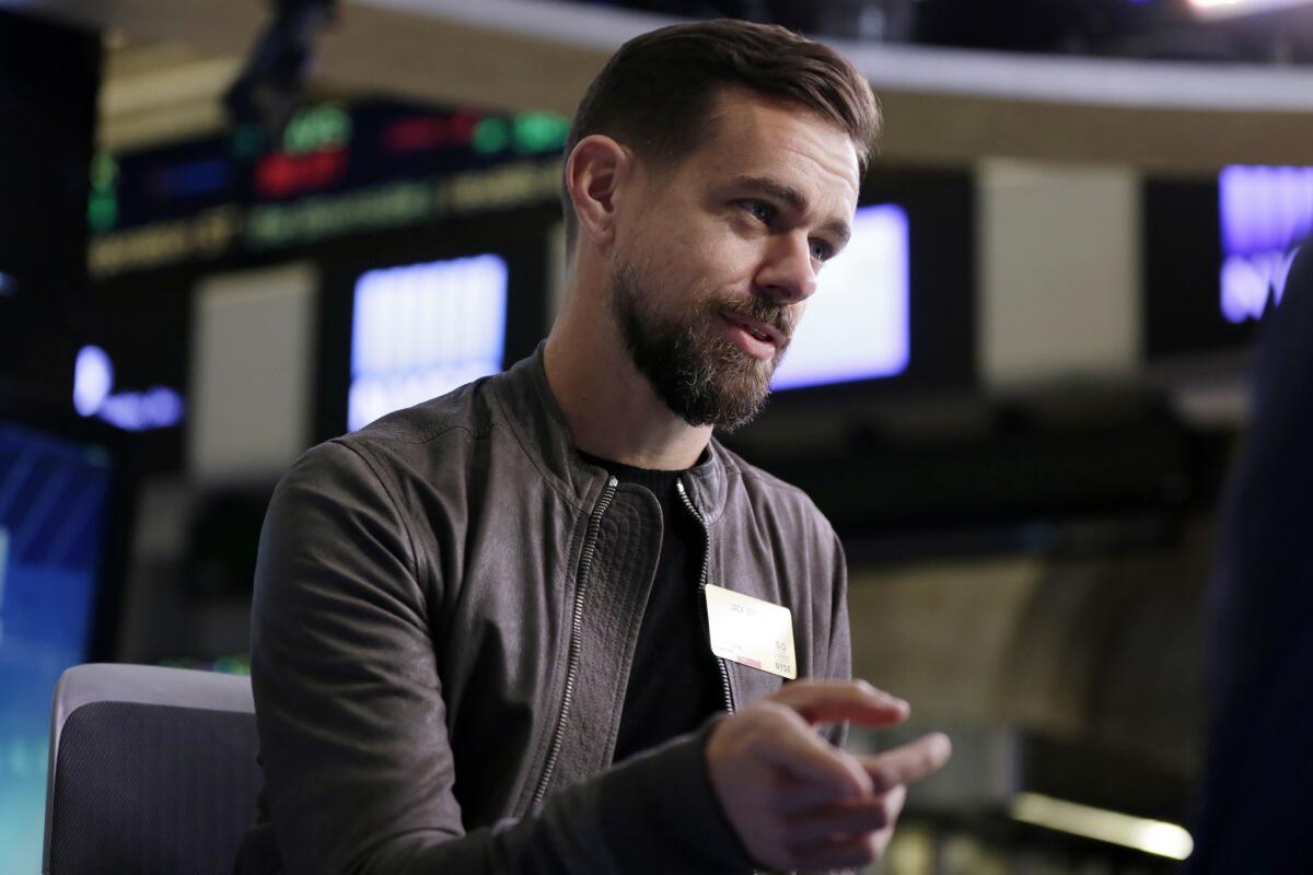 In this Nov. 19, 2015, file photo, Twitter CEO Jack Dorsey is interviewed on the floor of the New York Stock Exchange.