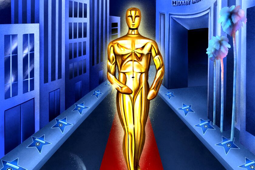 Illustraion of Oscar statue walking down deserted street