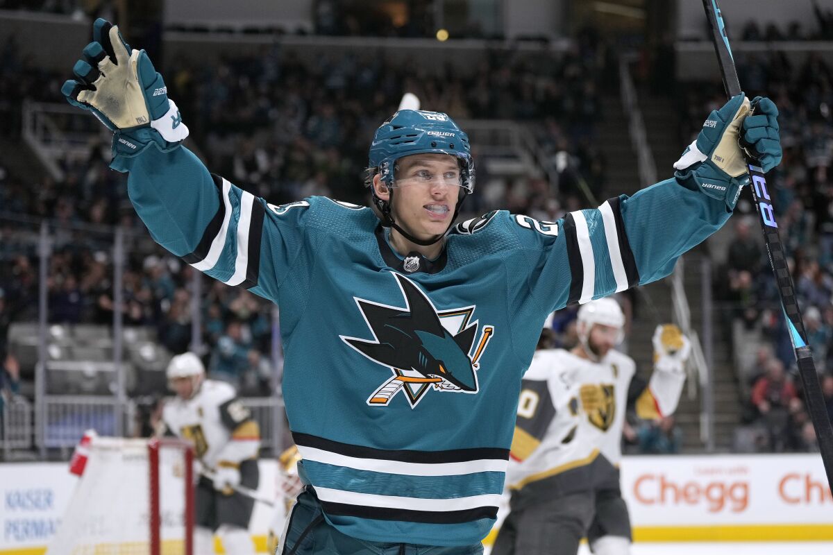San Jose Sharks left wing Oskar Lindblom celebrates after scoring a goal against the Vegas Golden Knights during the first period of an NHL hockey game Thursday, March 30, 2023, in San Jose, Calif. (AP Photo/Tony Avelar)