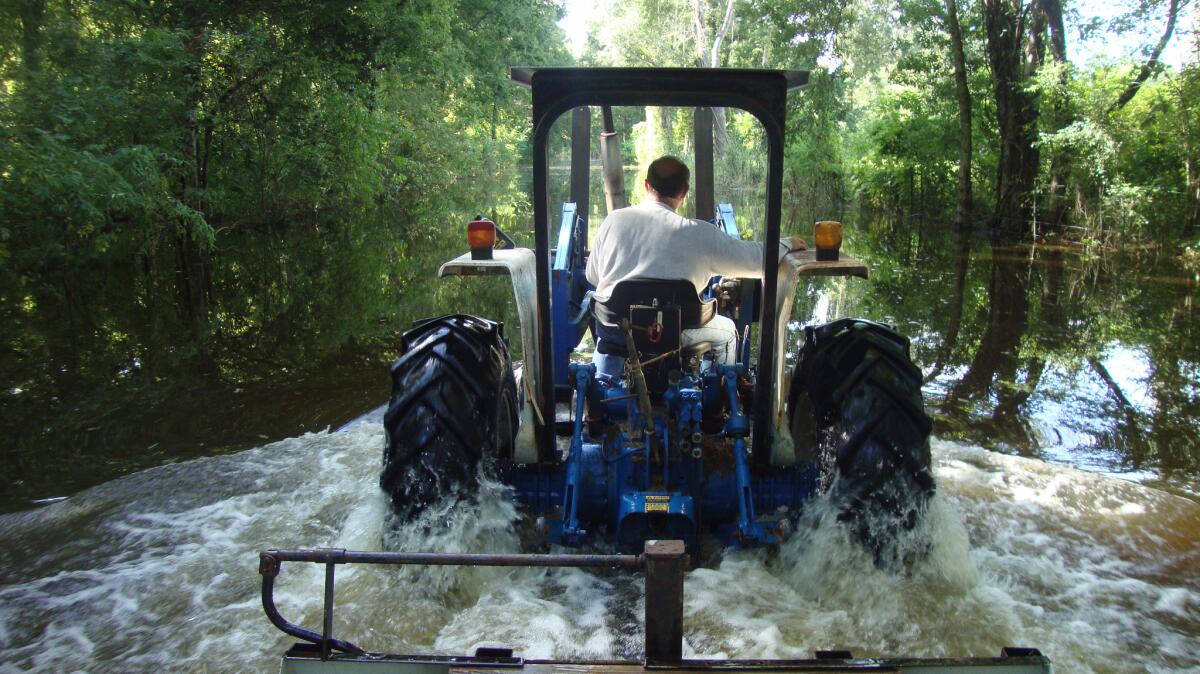 David Lester drives a tractor through a flooded street in Breaux Bridge, La.