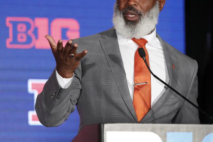 Illinois head coach Lovie Smith responds to a question during the Big Ten Conference NCAA college football media days Thursday, July 18, 2019, in Chicago. (AP Photo/Charles Rex Arbogast)