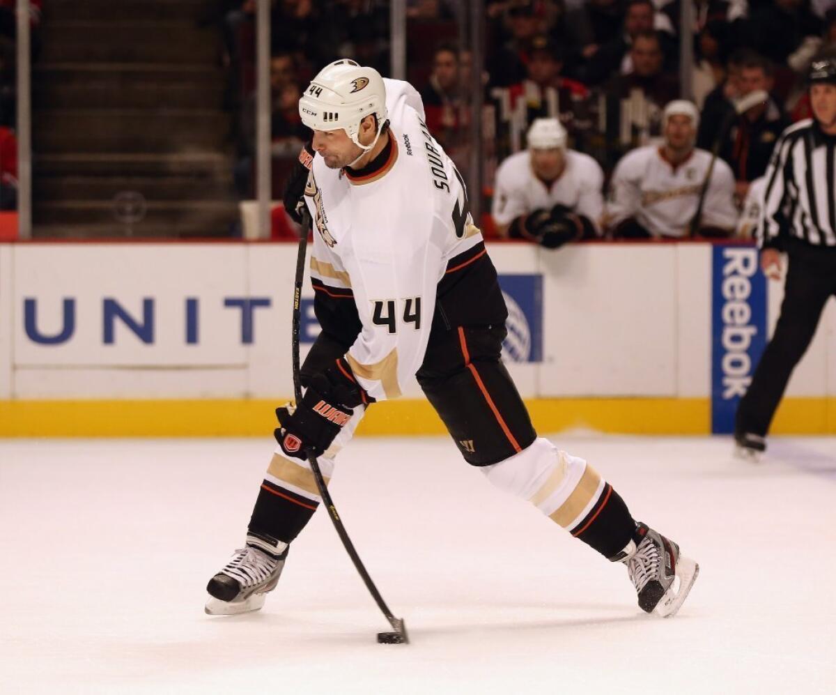 Anaheim Ducks' Sheldon Souray shoots against the Chicago Blackhawks on Feb. 12.