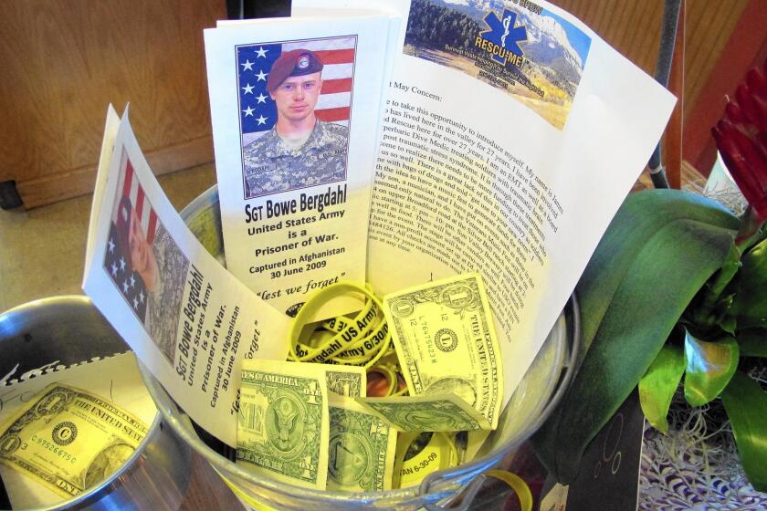A donation bucket for the family of Army Sgt. Bowe Bergdahl sits on the counter at a coffee shop in their hometown of Hailey, Idaho, on June 5. The soldier was released in a prisoner swap with the Taliban.
