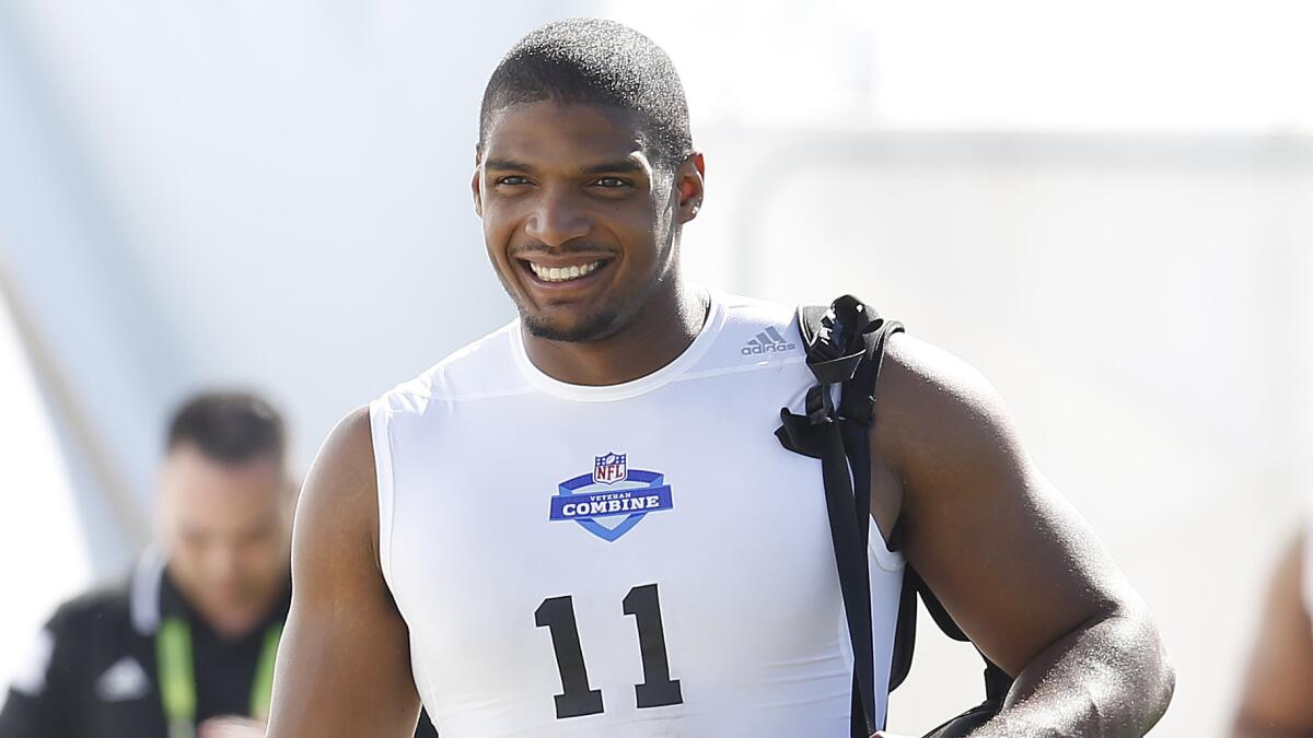 Defensive end Michael Sam arrives at the NFL Veterans Combine in Tempe, Ariz., on March 22.