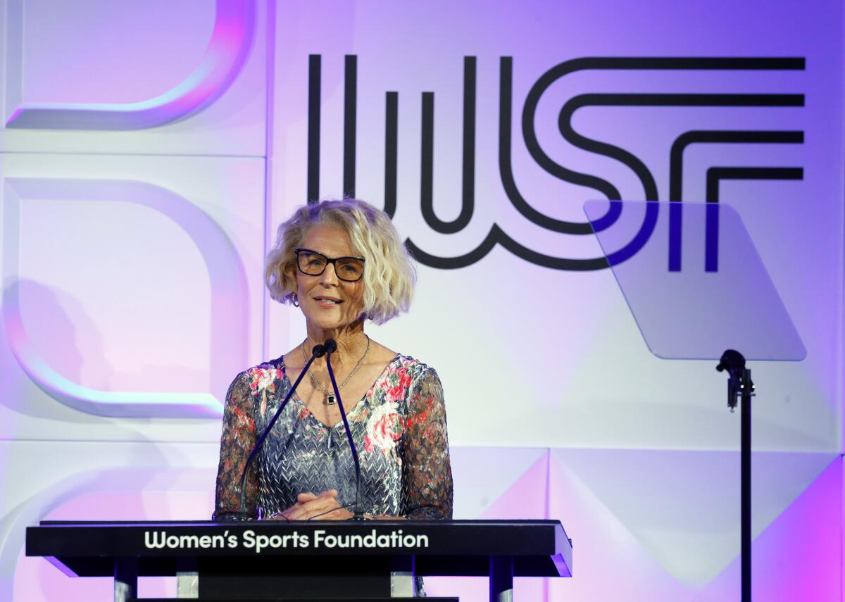 Sue Enquist speaks during The Women's Sports Foundation's 2022 Salute To Women In Sports Gala in New York.