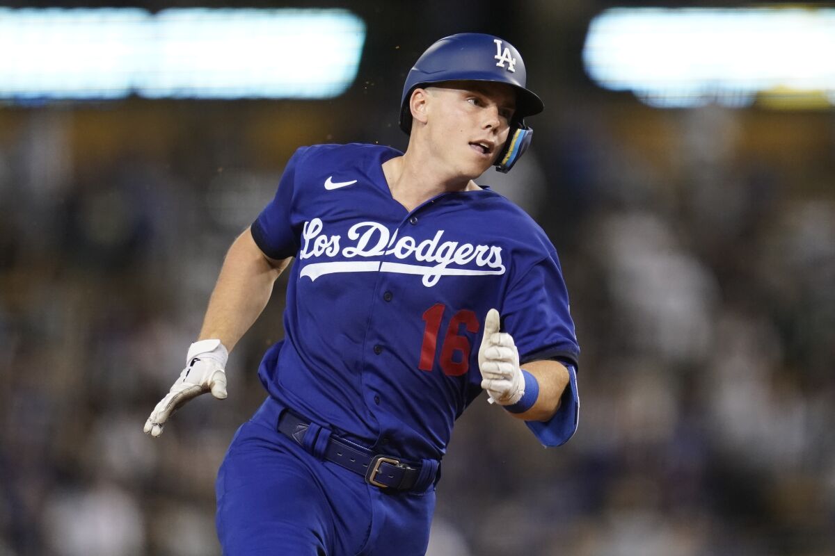 Dodgers catcher Will Smith runs the bases.
