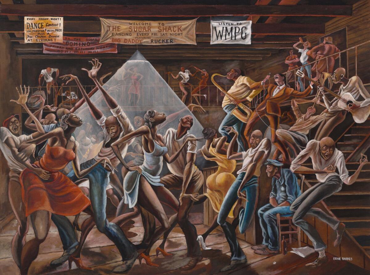 A painting of people rapturously dancing. 