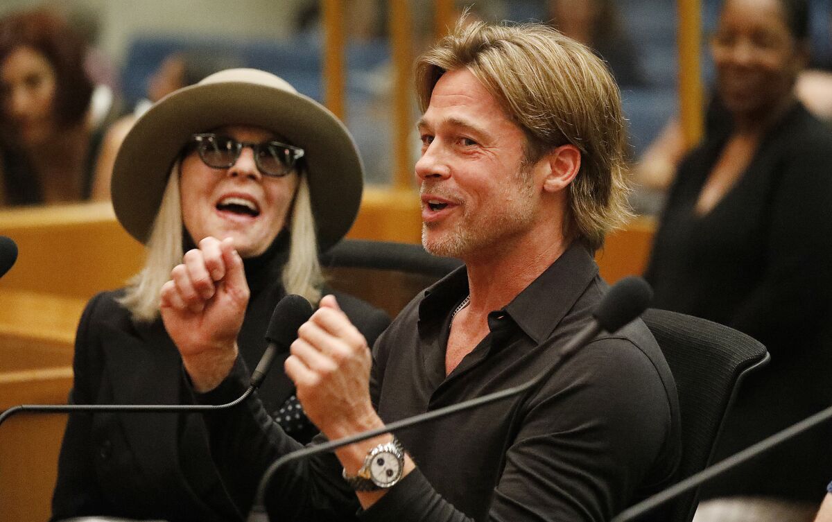 Actors Brad Pitt, right, and Diane Keaton, left, speak at County Board of Supervisors meeting in 2019