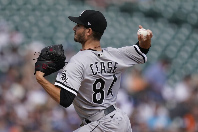 Chicago White Sox starting pitcher Dylan Cease throws during the first inning of a baseball game against the Detroit Tigers, Saturday, June 12, 2021, in Detroit. (AP Photo/Carlos Osorio)