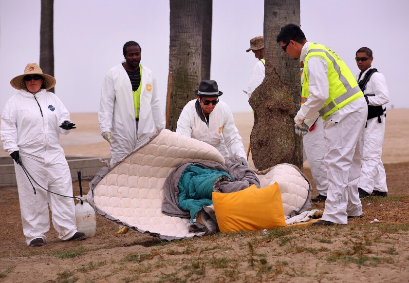 Workers from a multi-agency task force clean up a homeless encampment in Venice in June.