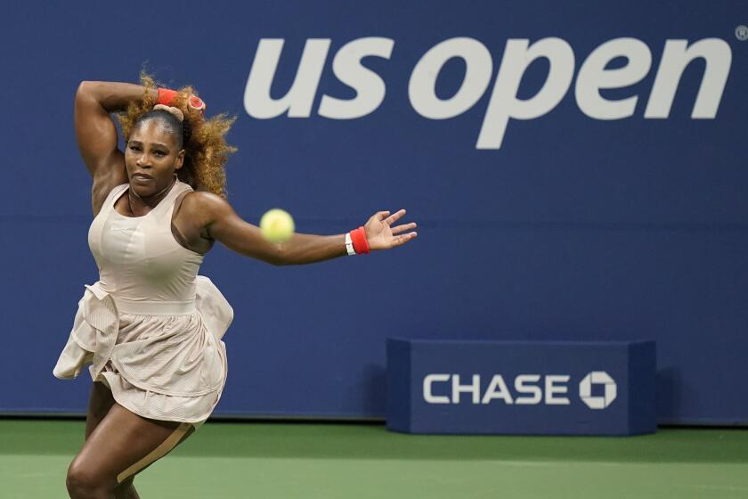 Serena Williams, of the United States, returns a shot to Margarita Gasparyan, of Russia, during the third round of the U.S. Open tennis championships, Thursday, Sept. 3, 2020, in New York. (AP Photo/Frank Franklin II)