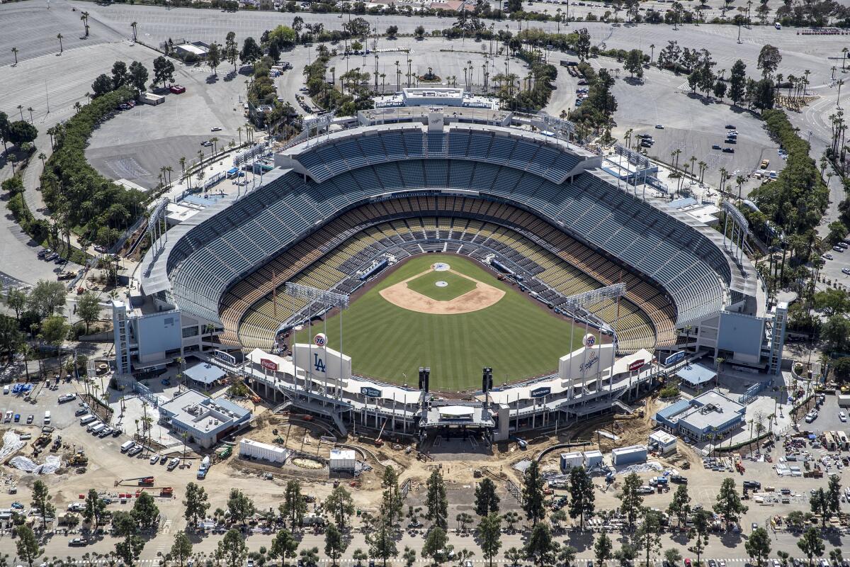 An aerial view of Dodger Stadium on March 25, 2020.