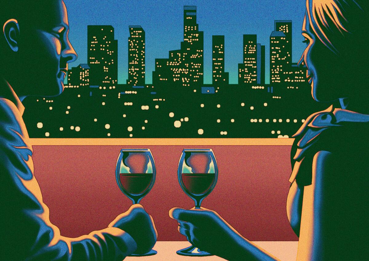 Illustration of a man and woman drinking wine.